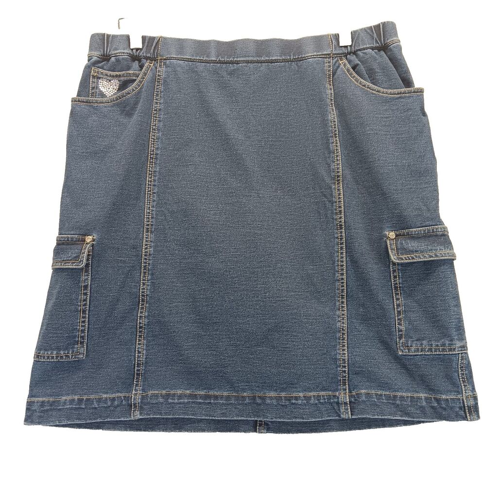 Dream Jeannes Quaker Factory Women Sz L Pull-On Cargo Skort Rhinestone Denim